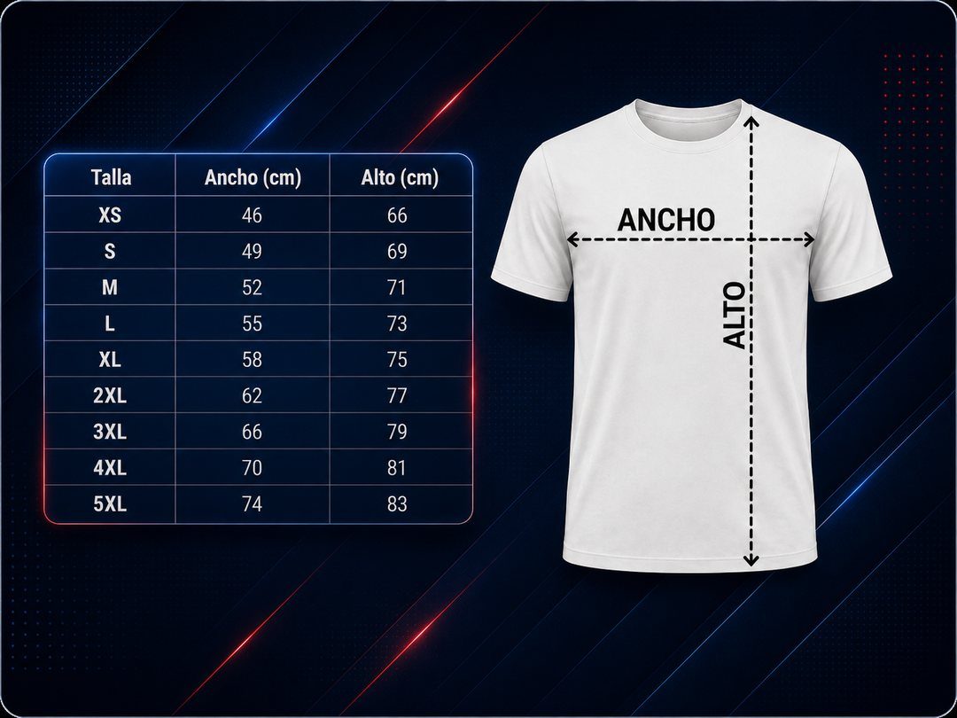 Tabla de tallas: medidas de la prenda (ancho de pecho y largo) en centímetros, de la XS a la 5XL.